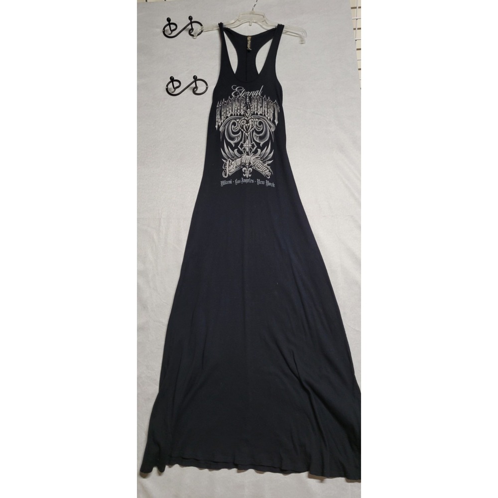 Black Long With Silver Design Bejeweled Couture Ribbed Tank Dress Size Small